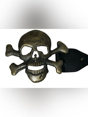 VINTAGE SKULL & CROSSBONES BELT BUCKLE BRONZE TONE CAST METAL